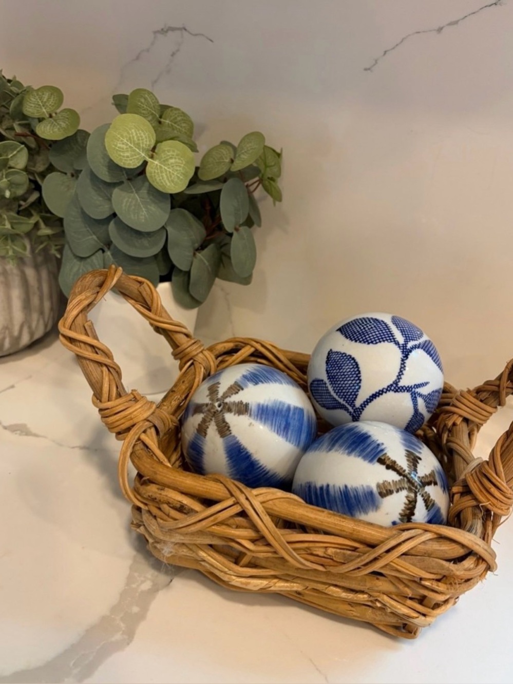 Set of 3 Blue & White Ceramic Spheres Decorative Balls - Chinoiserie Style